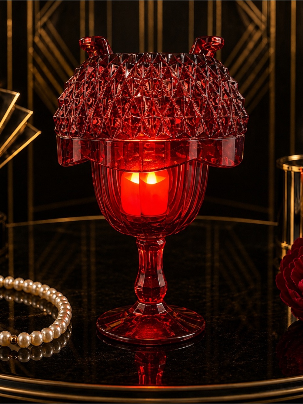 Vintage Viking Ruby Red Goblet & Diamond Point Bowl Fairy Lamp